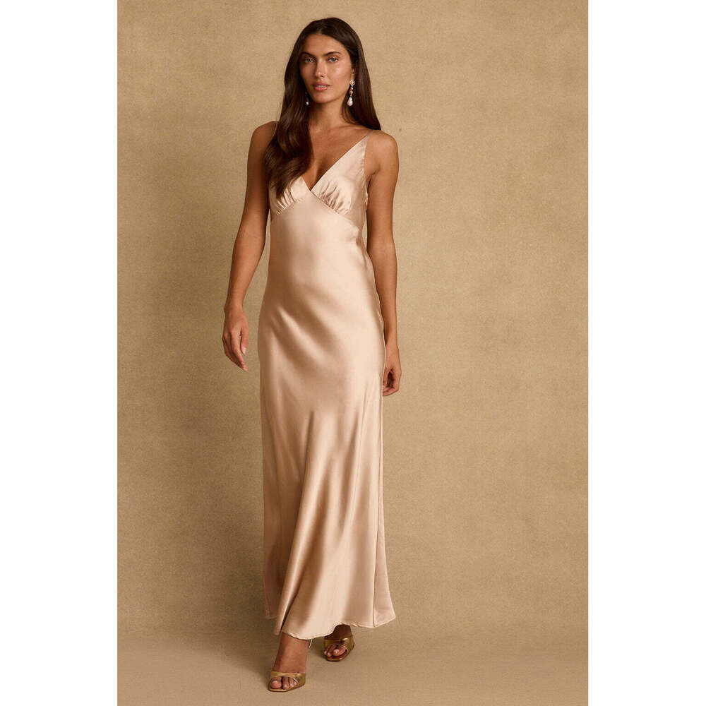 12th Tribe Mirabella Champagne Satin Maxi Dress Size M